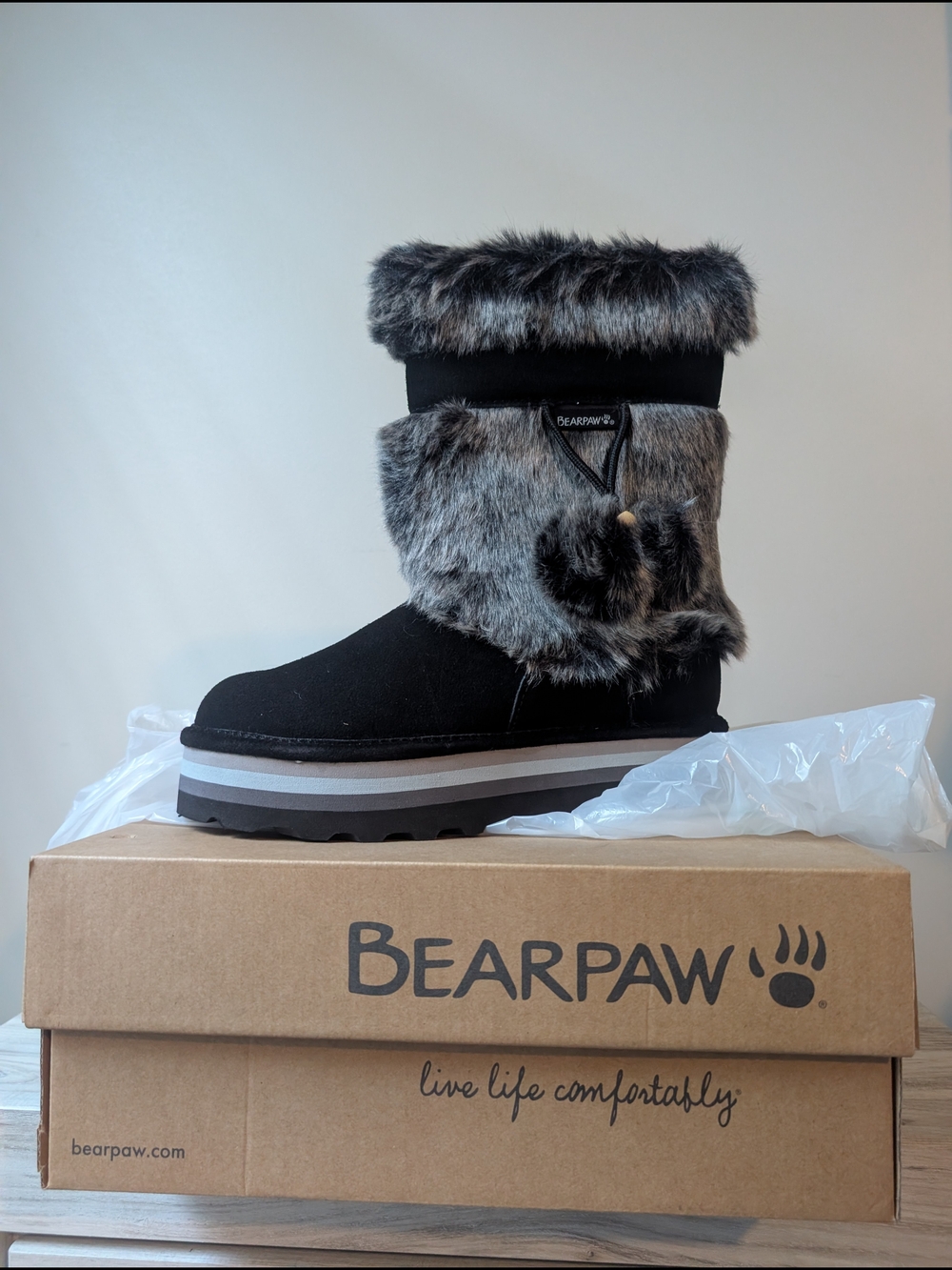 BearPaw Women's Black and Gray Faux Fur Winter Boots